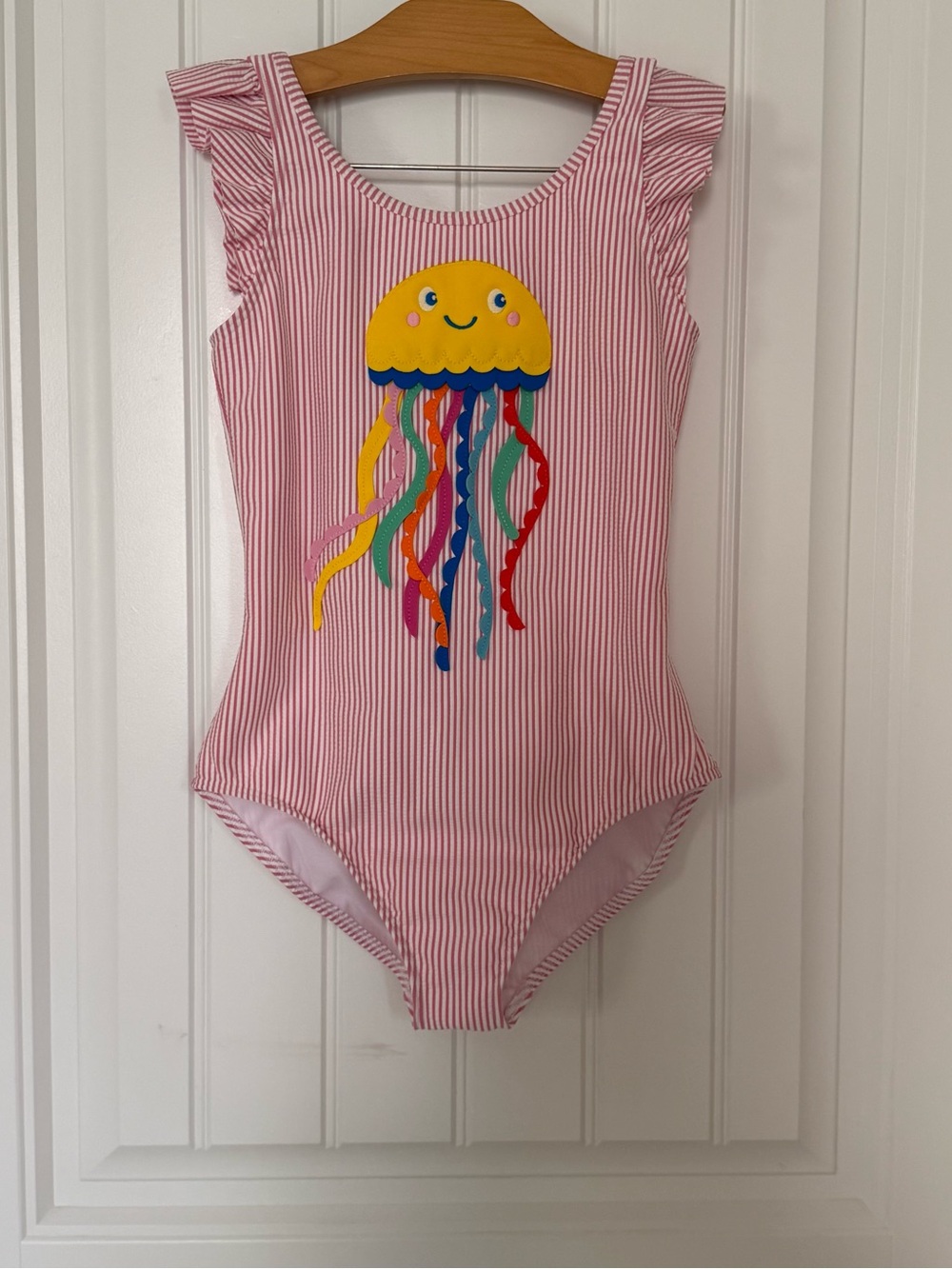 Mini Boden Logo Flutter Sleeve Swimsuit Pink Ticking Jellyfish Size 11-12Y